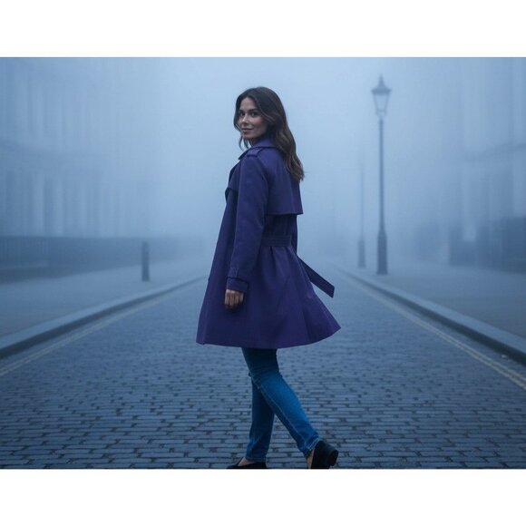 Purple London Fog trench coat with double-breasted design and belt Large - Picture 11 of 12